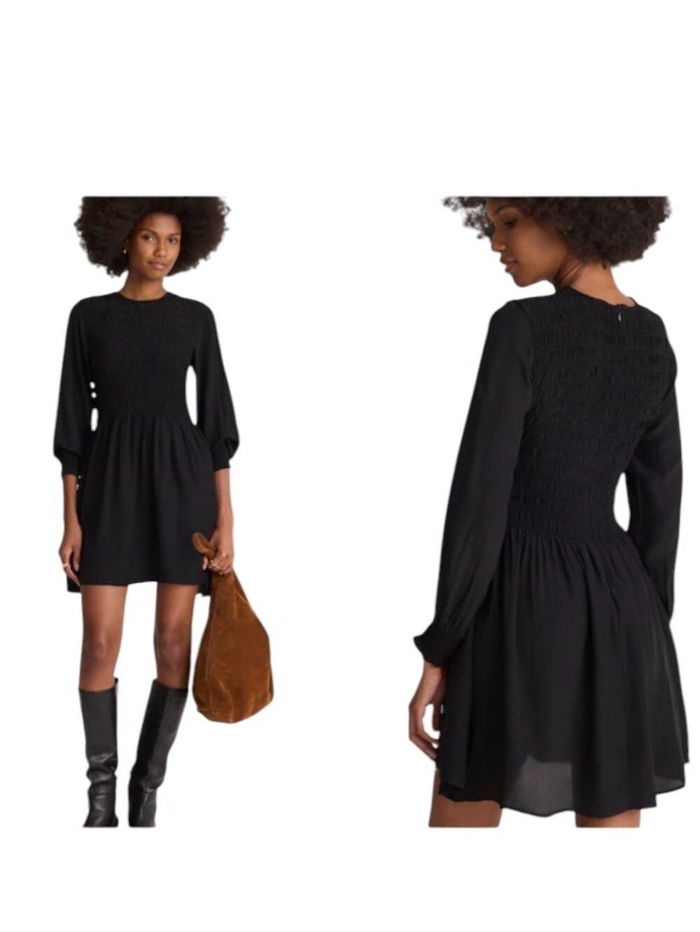 Nwt Madewell Verity Long-Sleeve Smocked Mini Dress Black Size S